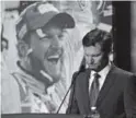  ??  ?? Dale Earnhardt Jr. pauses Tuesday as he announces his retirement at season’s end. The Associated Press