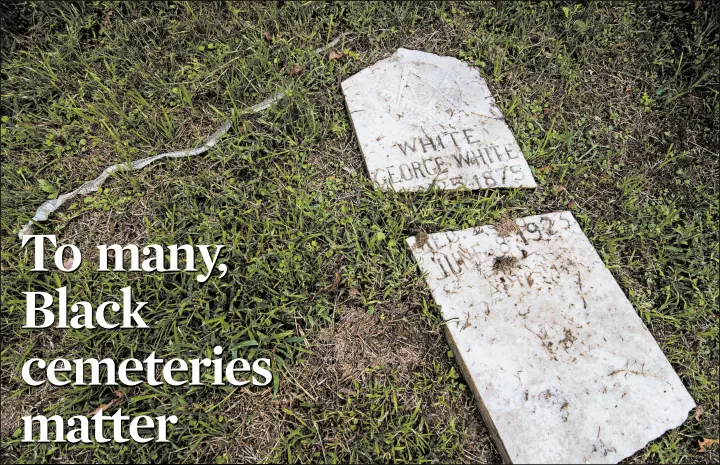  ?? TIMOTHY IVY/THE NEW YORK TIMES ?? A broken headstone and a shedded snakeskin lie on the ground at Magnolia Cemetery in Helena, Arkansas. The Black cemetery was establishe­d after the Civil War.