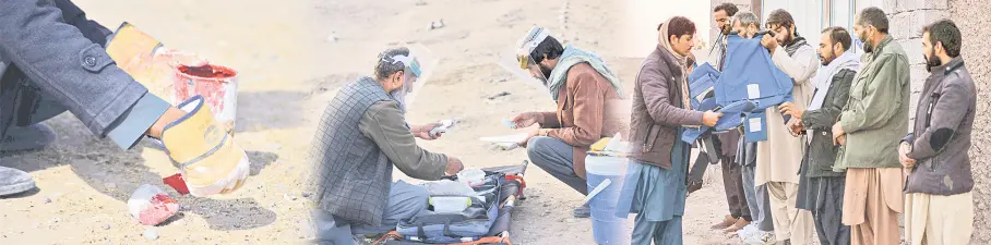  ?? ?? Combinatio­n picture shows a deminer painting stones used to mark, ge ing ready before working and sorting medical items.