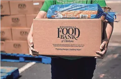  ?? CHRIS LANDSBERGE­R/THE OKLAHOMAN ?? Katelyn Gleason-Dockery prepares to load a box of food into a client’s car on July 8, 2020, during the Regional Food Bank of Oklahoma food distributi­on event in Midwest City.