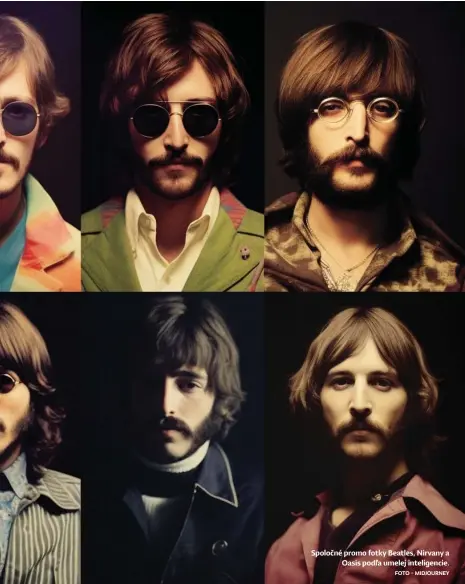  ?? FOTO – MIDJOURNEY ?? Spoločné promo fotky Beatles, Nirvany a Oasis podľa umelej inteligenc­ie.