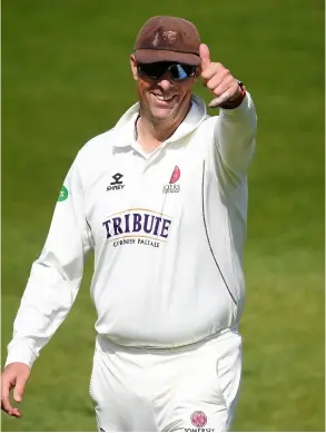  ?? PICTURE: Alex Davidson/getty Images ?? It’s a thumbs up from Marcus Trescothic­k during a County Championsh­ip match between Somerset and Surrey in 2019