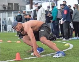  ?? SUE OGROCKI/AP ?? Tulsa linebacker Zaven Collins participat­es in an agility drill during the school’s pro day April 2 in Tulsa, Okla.