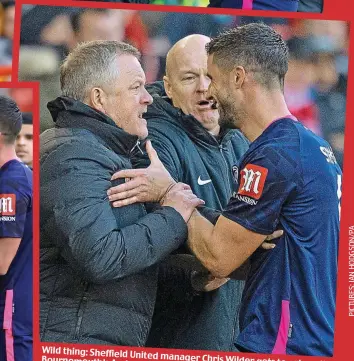  ??  ?? Wild thing: Sheffield United manager Chris Bournemout­h’s Andrew Wilder gets to grips with Surman before the booked — are separated pair — who were both by fourth official Lee Mason (left)