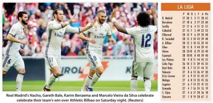  ??  ?? Real Madrid's Nacho, Gareth Bale, Karim Benzema and Marcelo Vieira da Silva celebrate celebrate their team's win over Athletic Bilbao on Saturday night. (Reuters)