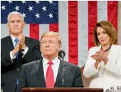  ??  ?? Donald Trump delivers the State of the Union address, alongside Vice- President Mike Pence and Speaker of the House Nancy Pelosi, at Washington on Tuesday.