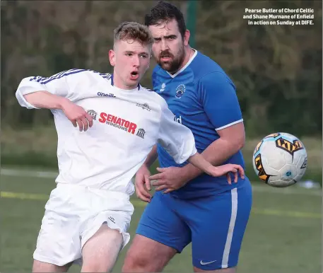  ??  ?? Pearse Butler of Chord Celtic and Shane Murnane of Enfield in action on Sunday at DIFE.