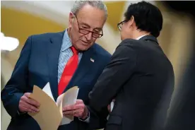  ?? Photograph: Bonnie Cash/UPI/Rex/Shuttersto­ck ?? Chuck Schumer during a press conference at the US Capitol on Thursday.