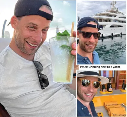  ?? ?? Lies: Cieran McNamara created a string of fake profiles
Poser: Grinning next to a yacht
Lavish: In front of luxury goods