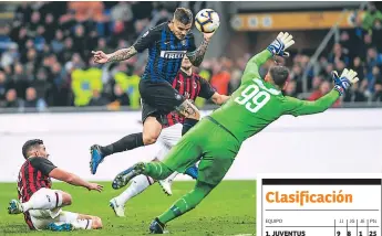  ??  ?? FIGURA. Mauro Icardi, del Inter, cabeceó con un gran gesto técnico para vencer al meta del Milan, Gianluigi Donnarumma.