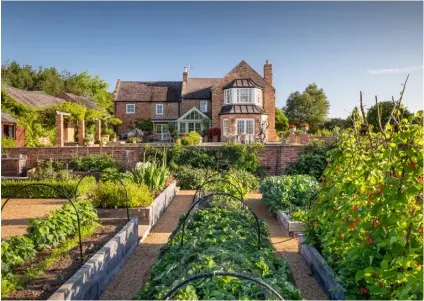  ??  ?? THIS PAGE, RIGHT Raised beds make the vegetable garden easier to manage BELOW Hydrangea ‘Annabelle’ mingles with phlox, roses and achillea BELOW RIGHT An iron bower creates an intimate setting for dinner OPPOSITE The surface area of the aquatic planted regenerati­on zone matches that of the plant-free swimming zone