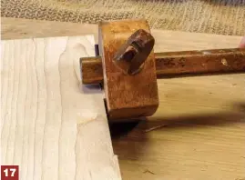  ??  ?? 17 With a marking gauge set to the correct depth, make a small mark just above and below the hinge mortise. Use light pressure to avoid marring the door face.