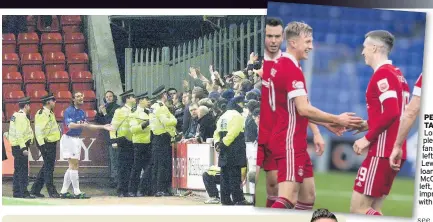  ??  ?? PEACE TALKS Lorenzo pleads with fans, far left, while Lewis and loanee McCrorie, left, have impressed with Dons