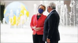  ??  ?? European Commission President Ursula von der Leyen meets with Portuguese Prime Minister Antonio Costa at the Center for Living Science in Lisbon, Wednesday, June 16, 2021. The president of the European Commission has started in Lisbon a tour of some European Union capitals to announce the initial endorsemen­t of their plans for spending the bloc’s massive economic recovery fund. (AP)