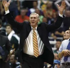  ?? PHOTO/STEVE C WILSON
AP ?? This Nov. 26, 2010, file photo shows Utah Jazz head coach Jerry Sloan protesting a call by officials during the first half of an NBA basketball game against the Los Angeles Lakers in Salt Lake City.