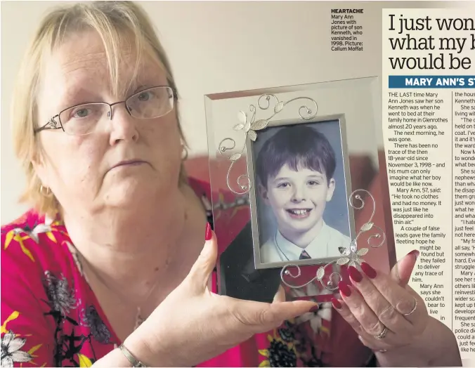  ??  ?? HEARTACHE Mary Ann Jones with picture of son Kenneth, who vanished in 1998. Picture: Callum Moffat