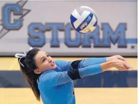  ?? GREG SORBER/JOURNAL ?? Cleveland’s Kenley Vote sets the ball during the Storm’s match with visiting Sandia on Tuesday. The fourth-ranked Storm, at full strength for the first time this season, swept the Matadors.