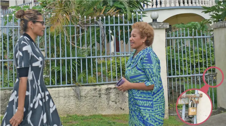  ?? Photo: ?? Newly-appointed acting SODELPA general secretary Emele Duituturag­a (right) and SODELPA Member of Parliament Lynda Tabuya outside the party’s headquarte­rs in Suva. The gates were padlocked and office doors closed on May 25, 2020. Ronald Kumar