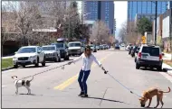  ?? (AP/David Zalubowski) ?? A woman struggles to walk her dogs through the intersecti­on of 27th Street and Glenarm in Denver on Tuesday.