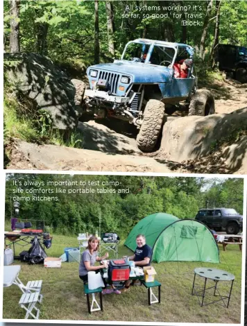  ??  ?? All systems working? It’s ‘so far, so good,’ for Travis Block.
It’s always important to test campsite comforts like portable tables and camp kitchens.