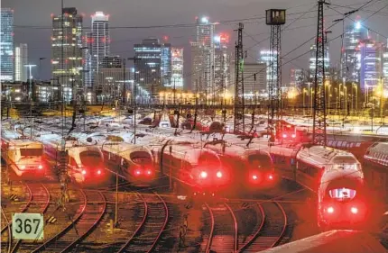  ?? MICHAEL PROBST AP FILE ?? Trains are parked outside the central station last week in Frankfurt, Germany, during a planned six-day strike. Europe continues to struggle with dispirited consumers and the lingering effects of the energy price shock caused by the Russian invasion of Ukraine.