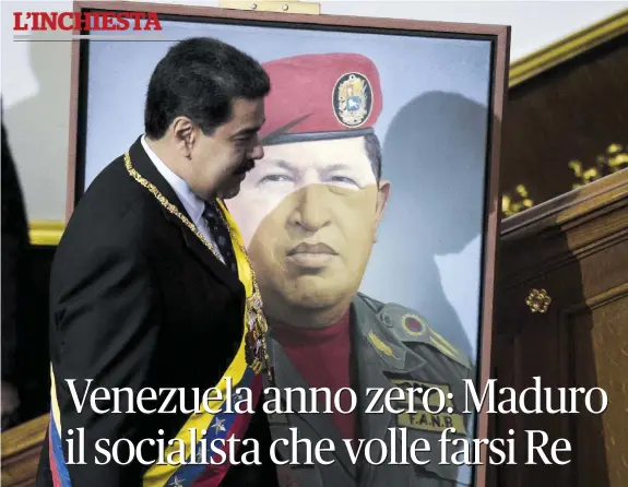  ??  ?? Eredità smarrita Nicolas Maduro nel discorso di investitur­a, il 14 gennaio, accanto al ritratto di Hugo Chávez