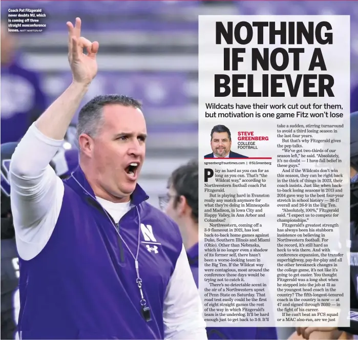  ?? MATT MARTON/AP ?? Coach Pat Fitzgerald never doubts NU, which is coming off three straight nonconfere­nce losses.