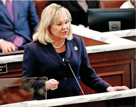  ?? [PHOTOS BY STEVE SISNEY, THE OKLAHOMAN] ?? Oklahoma Gov. Mary Fallin gives her final State of the State address in the House Chambers on Monday.