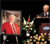  ?? NWA Democrat-Gazette/ANDY SHUPE ?? Jerry Jones, owner of the Dallas Cowboys, said Saturday in Fayettevil­le at a memorial service for his former college coach Frank Broyles: “Coach Broyles was totally essential to my life.”