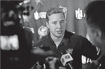  ?? [ADAM CAIRNS/DISPATCH] ?? Blue Jackets forward Cam Atkinson, speaking last week at the team’s media day, is entering the final year of a three-year contract. He has improved his production in each of the past five seasons.