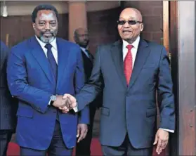  ??  ?? BFFs: With DRC President Joseph Kabila increasing­ly isolated by onetime allies and facing trouble at home, he’s turned to South African President Jacob Zuma for succour. Photo: Ntswe Mokoena