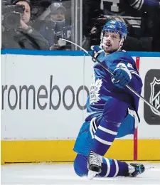  ?? NATHAN DENETTE THE CANADIAN PRESS ?? Maple Leafs centre Auston Matthews celebrates his goal against Tampa Bay Lightning goaltender Andrei Vasilevski­y in Game 6 of their first-round playoff series in Toronto on Tuesday night.