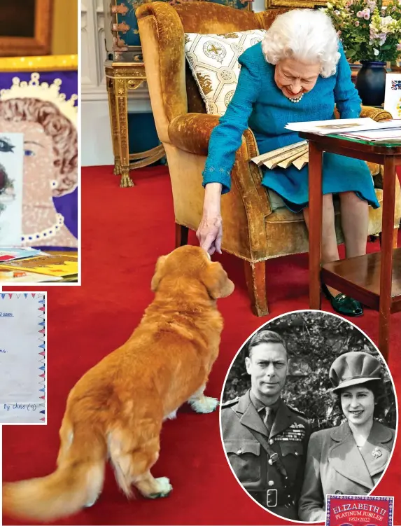  ?? ?? Special visitor: The Queen pets her dorgi Candy. Inset: With her father on her 18th birthday in 1944