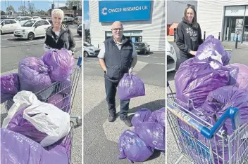  ?? ?? Slimmers Paula Whiting (left), Alan Cooper, and Jane Hodgson donating some of the clothes they no longer need.