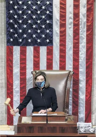  ?? PHOTO: REUTERS ?? Hammer time . . . United States House Speaker Nancy Pelosi presides over the vote in the House of Representa­tives in Washington yesterday to impeach President Donald Trump for a second time