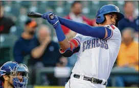  ?? CONTRIBUTE­D BY JAMIE HARMS ?? “My main goal is to do everything I can to put myself in position to play for the Rangers next year,” Express first baseman Ronald Guzman says.