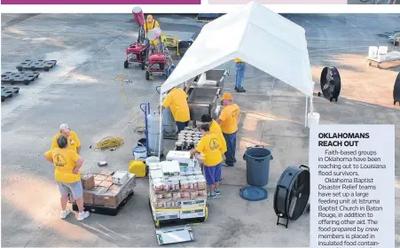  ?? [BAPTIST MESSENGER PHOTO BY DAVID CROWELL] ?? Members of an Oklahoma Baptist Disaster Relief crew organize a mobile kitchen as part of disaster relief efforts in Baton Rouge, La.