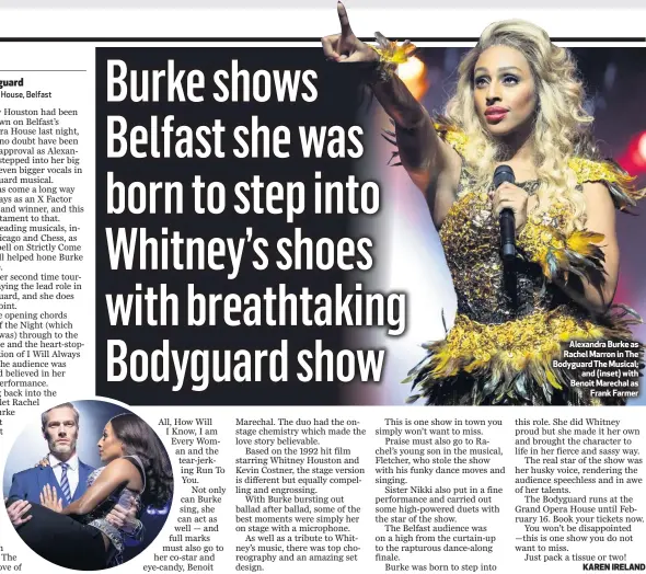  ??  ?? Alexandra Burke as Rachel Marron in The Bodyguard The Musical;and (inset) with Benoit Marechal asFrank Farmer