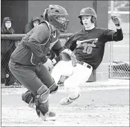  ?? Photo by Randy Moll ?? Cole Wright of Pea Ridge begins a slide into home while Myles McFerron, Gentry catcher, waits for the throw.