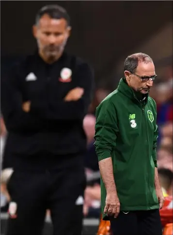  ??  ?? Republic of Ireland manager Martin O’Neill (right), and Wales manager Ryan Giggs during the UEFA Nations League match at the Cardiff City Stadium.