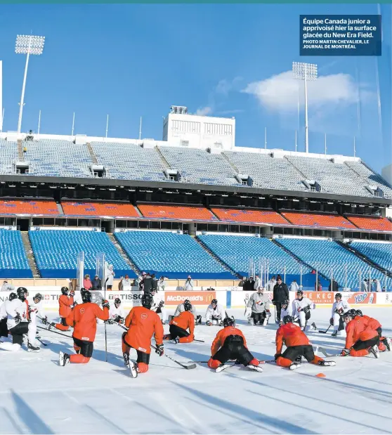  ?? PHOTO MARTIN CHEVALIER, LE JOURNAL DE MONTRÉAL ?? Équipe Canada junior a apprivoisé hier la surface glacée du New Era Field.