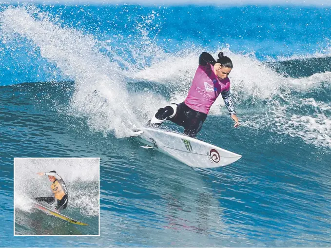  ??  ?? Reigning world champion Tyler Wright has been impressive in competitio­n even though she has been wearing a knee brace and (inset) Sally Fitzgibbon­s at the Roxy Pro France. Pictures: WSL
