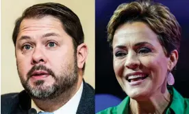  ?? Composite: Sipa USA via Alamy, AP ?? The Democratic congressma­n Ruben Gallego and Trump acolyte Kari Lake will probably face off for the Senate seat that will be vacated by Kyrsten Sinema.