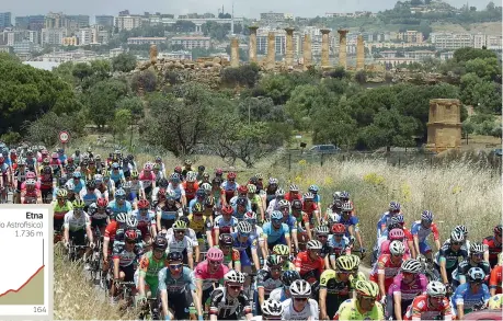  ?? (Afp) ?? Uno sprint nella storia
A sinistra, Enrico Battaglin taglia vittorioso il traguardo di Santa Ninfa nello sprint su Visconti e Gonçalves. Qui a lato, il plotone durante il passaggio dalle antiche rovine della Velle dei Templi di Agrigento