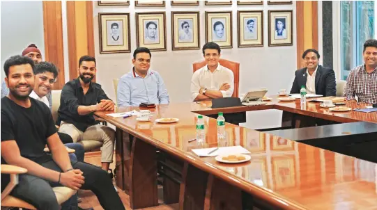  ?? — BCCI ?? Indian cricketer Rohit Sharma (left), captain Virat Kohli, BCCI secretary, Jay Shah, President, Sourav Ganguly and chief selector, MSK Prasad share a light moment during their selection meeting for Bangladesh’s tour of India at the BCCI headquarte­rs in Mumbai on Thursday.