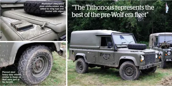  ??  ?? Pierced steel heavy-duty wheels similar to those on Wolf were part of the facelift Aluminium chequered plate reinforcem­ent was added to wing tops and bonnet side edges Both hard top and soft top naturallya­spirated One-ten models were part of the...