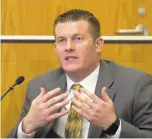  ?? GREG SORBER/JOURNAL ?? Albuquerqu­e police officer Mikal Monette testifies during the trial of former APD officers Keith Sandy and Dominique Perez in the shooting death of homeless camper James Boyd in District Court on Tuesday.