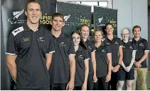  ??  ?? New Zealand’s team (Raubenheim­er far left, Laura Thompson and Emma Foy third and second from the far right), minus Fraser Sharp.