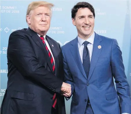  ??  ?? U.S. President Donald Trump and Prime Minister Justin Trudeau meet on the sidelines during the G7 Summit in La Malbaie, Que., this past summer. The president’s antics benefit Trudeau politicall­y, allowing the prime minister to tar Canada’s Conservati­ves with the Trump brush, columnist Andrew MacDougall argues.
