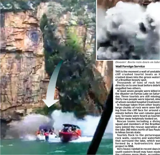  ?? ?? No escape: The vast chunk of cliff splits and falls towards the packed tourist boats
Disaster: Rocks rain down on lake